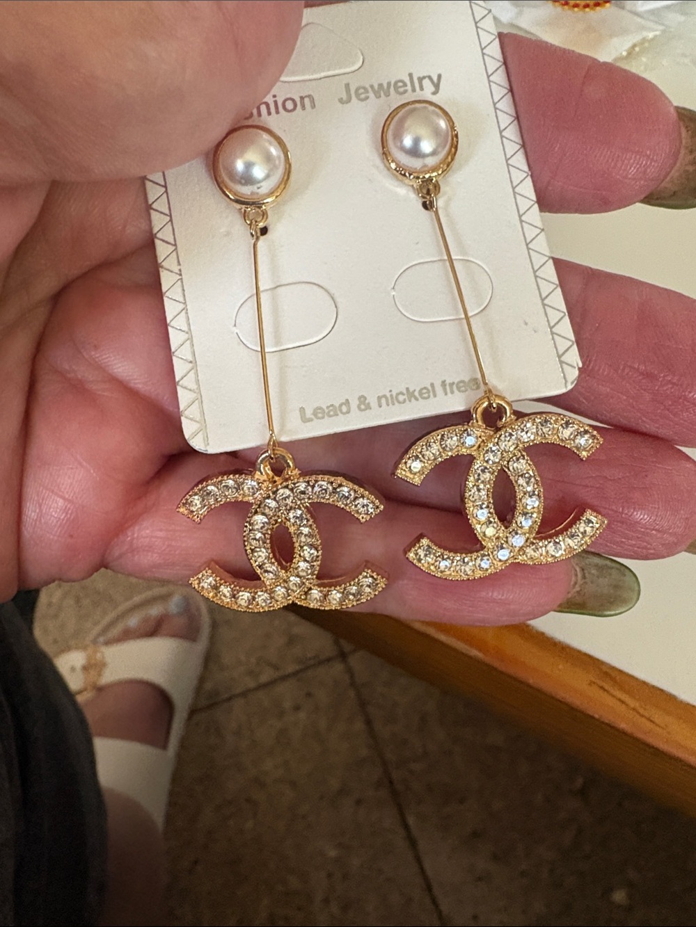 Gold Crystal Interlocking CC Drop Earrings with Pearl Studs